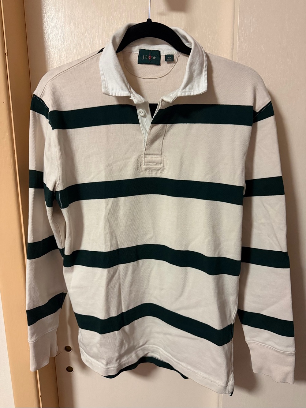 J. Crew Cream Rugby Polo with Dark Green Stripes Men’s XS